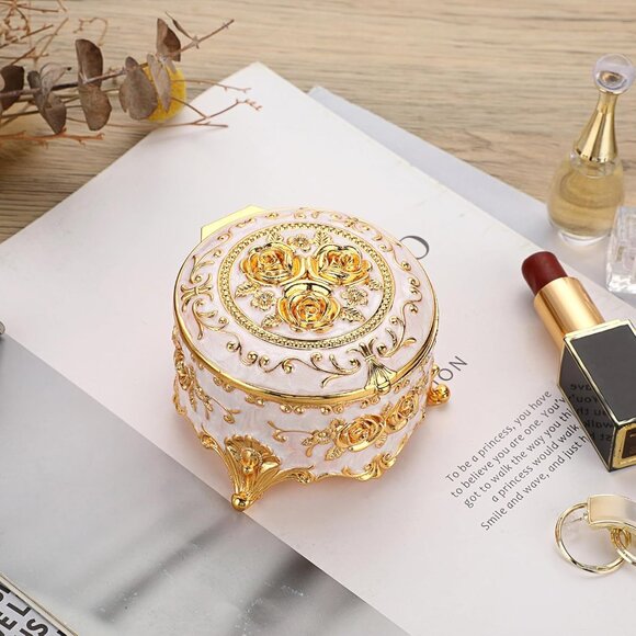 Women Vintage Round Trinket Storage Organizer Box Gold Metal Case Treasure Box - Picture 2 of 9